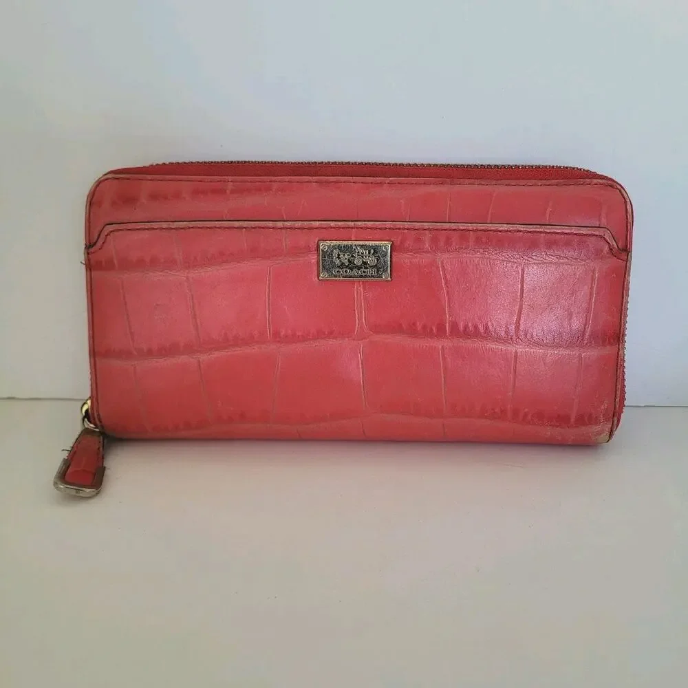 Coach‎ Leather Wallet Croc Salomon Red Zip Around Large Clutch Geniue Leather
